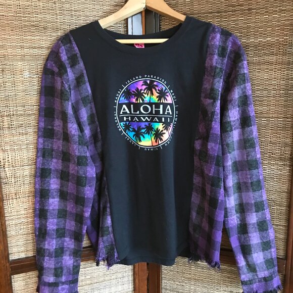 Upcycled Aloha Shirt, Size S-M: Purple Plaid & Hawaii Graphic Long-Sleeved Tee - Picture 6 of 10